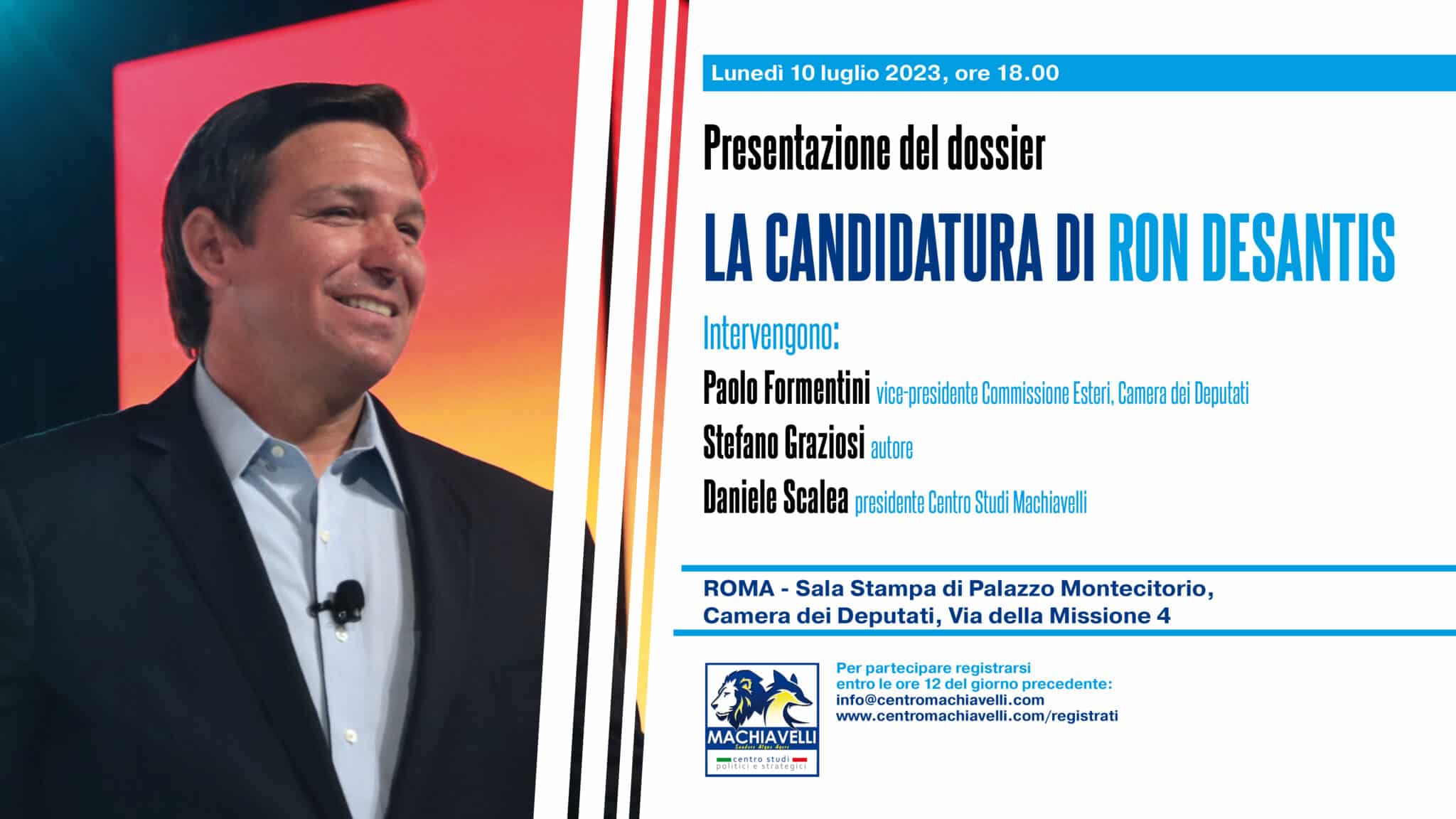 presentazione la candidatura di ron desantis, camera dei deputati, 10 luglio 2023, centro studi machiavelli. con stefano graziosi, daniele scalea, paolo formentini